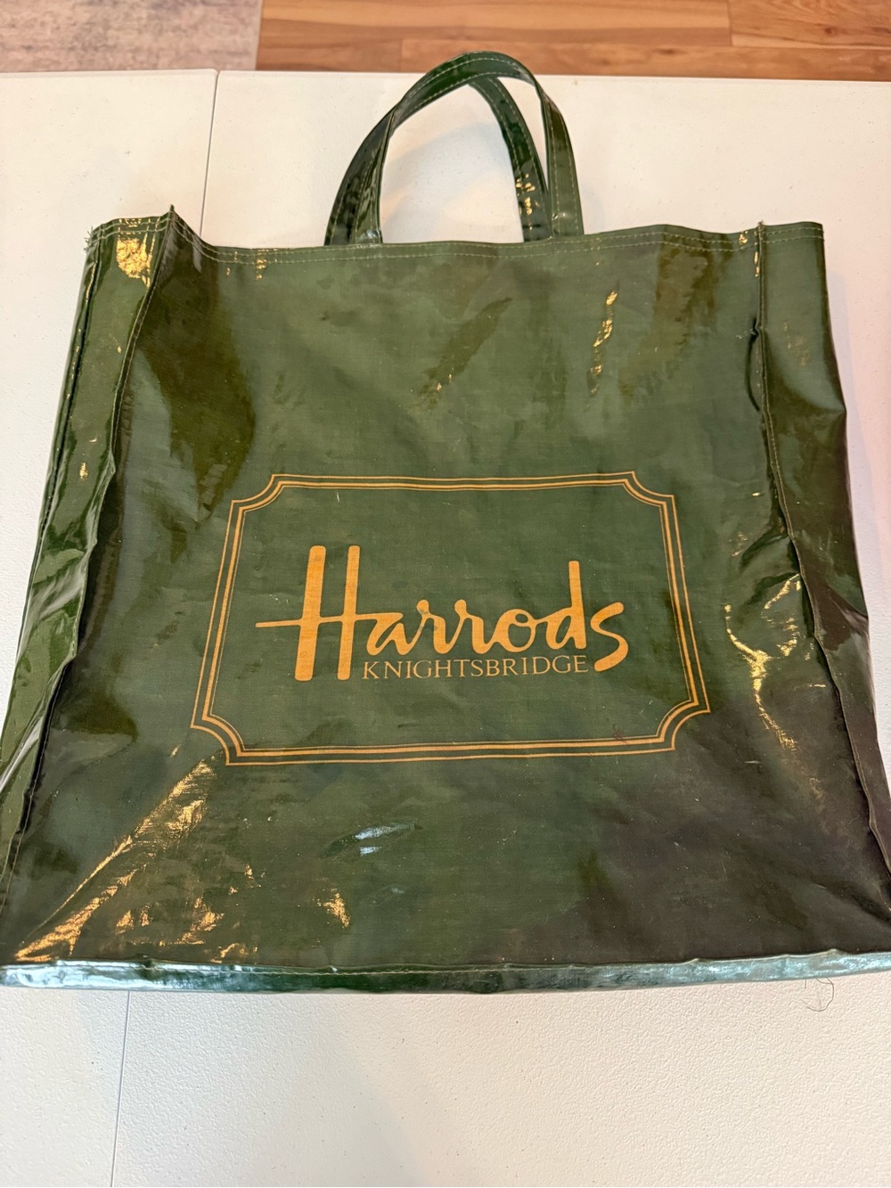 Harrods London Green PVC Shiny Logo Shopper Tote Bag 11.5x14.5”